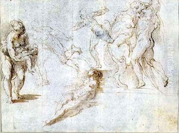 Figure Studies Woman Holding a Baby; Man Pursued by Another; Nude Woman Lying on Ground; Hercules and the Nemean Lion - view 1