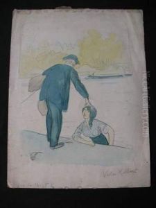 Planche Representant Un Homme 
Elegamment Vetu Aidant Une Jeune Femme Sur Une Barque A Monter Sur Le 
Quai. by Victor-Gabriel Gilbert