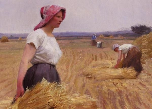 Die Getreideernte
Weite Sommerlandschaft Mit Abgemahtem Getreidefeld, Auf Dem Der Maler
Im Vordergrund Ein Junges Bauernmadchen Zeigt, Eine Heugarbe Tragend. Im
Hintergrund Weitere Feldarbeiter Sowie Ein Ochsenkarren. Hoher
Wolkenhimmel In Sommerl - view 1