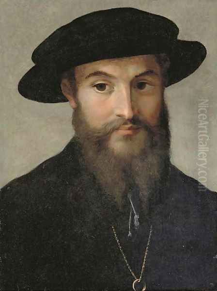 Portrait of a bearded man, bust-length, in a black hat, wearing a gold chain with a ring - view 1
