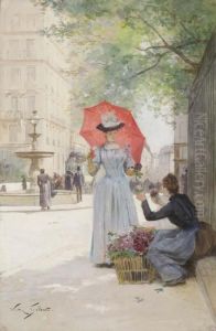 Jeune Femme A L'ombrelle Achetant Des Fleurs