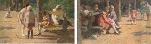 Children In A Park; And A Couple On A Park Bench by Victor-Gabriel Gilbert