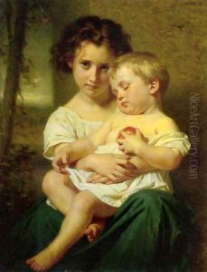 Jeune fille tenant un enfant endormi by Hugues Merle