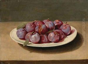 Plums on a white dish on a table by Louise Moillon