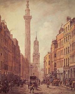 View of Fish Street Hill Monument and St Magnus the Martyr from Gracechurch Street by William Marlow