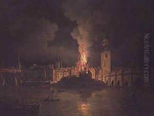 The Waterworks at London Bridge on Fire 1779 by William Marlow