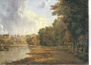 The towpath of the Thames with a view of Richmond Hill beyond by William Marlow