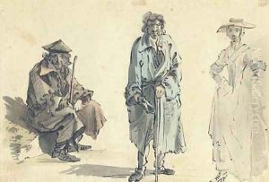 Three figure studies of an elegant lady and two gentleman, one wearing a greatcoat