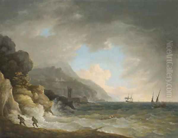View Of A Bay Near Terracina With Figures And Shipping In Choppy Seas - view 1