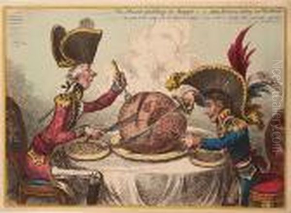 The Plumb-pudding In Danger;-or-
State Epicures Taking Un Petit Souper. 'the Great Globe Itself And All
Which It Inherit' Is Too Small To Satisfy Such Insatiable Appetites by James Gillray