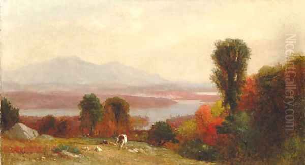 Cows and Sheep Grazing in an Autumn River Landscape - view 1