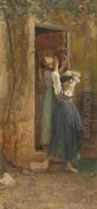 "donne Con Anfora", Olio Su Tela, Cm. 54x40, Con Cornice Coeva, Firma In Basso A Destra by Francesco Gioli