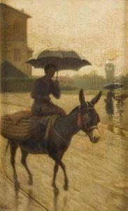 Donna Con Asinello Sotto La Pioggia by Luigi Gioli