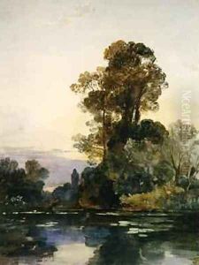 Tall trees by a lake by William James Muller