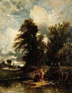 Millpond with children fishing 1843 Millpond with children fishing 1843