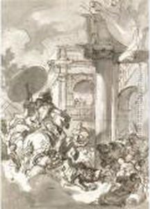 A Monarch Falling In Front Of 
Two Men On Horseback At The Entrance Of A Palace Crowded With People