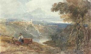 Travellers in an extensive landscape before a fortress by William James Muller