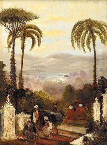 Figures on a terrace in an Eastern landscape