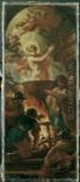 Umkreis Das Martyrium Des Hl.
Vitus. Bozzetto Fur Ein Altarblatt. Ol Auf Leinwand . H 61,5; B 26 Cm - view 1