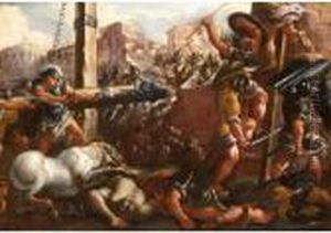 A Battlescene With A Town Wall Being Beaten Down With A Battering Ram