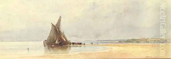 Moored sailing vessels and cows at low tide - view 1