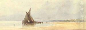 Moored sailing vessels and cows at low tide by William James Muller