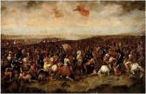 A Cavalry Engagement, Possibly
The Battle Of Constantine, With A Coastline Visible Beyond by Luca Giordano