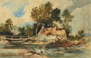 A cottage by a stream in a wooded landscape by William James Muller