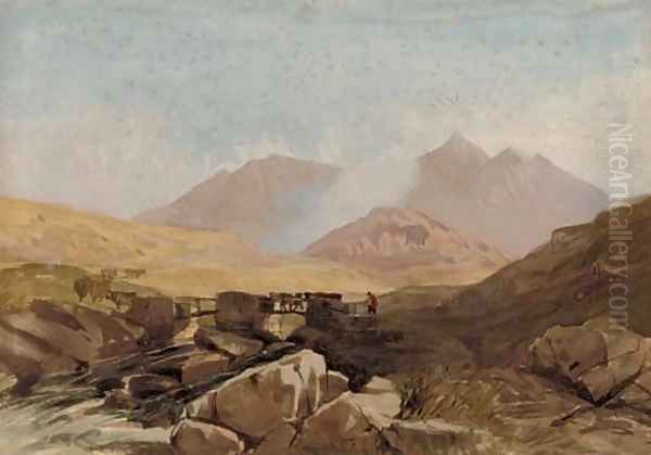 A traveller crossing a bridge in a Welsh landscape - view 1