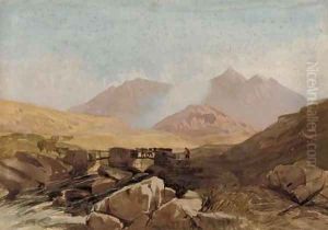 A traveller crossing a bridge in a Welsh landscape by William James Muller