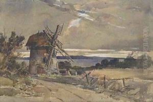 A windmill in an extensive landscape by William James Muller