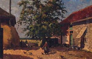 Feeding The Chickens In A Farmyard by Mihaly Munkacsy