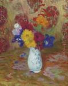 Flowers Against A Palm Leaf Pattern by William Glackens