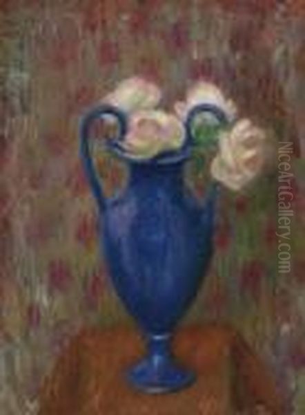 Pink Roses In Blue Urn - view 1