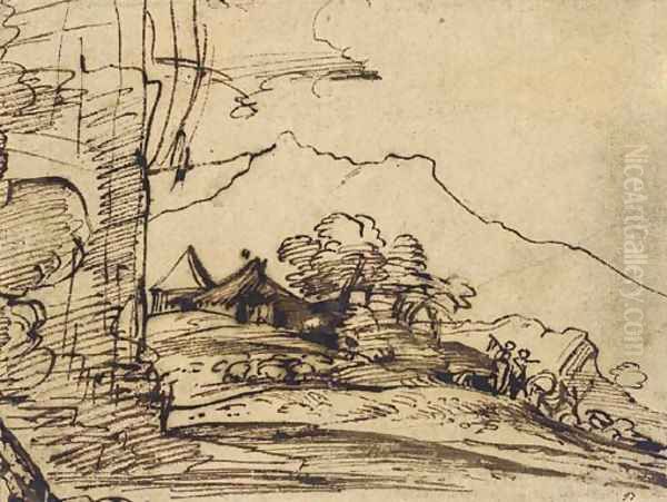 A mountainous landscape with herdsmen and their flock on a path - view 1