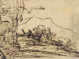 A mountainous landscape with herdsmen and their flock on a path