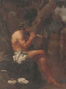 Pan playing his pipes in a wooded clearing by Pier Francesco Mola