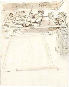 A caricature of Pier Francesco Mola interrupting Giovanni Battista Passeri painting a ceiling decoration of a reclining Venus by Pier Francesco Mola