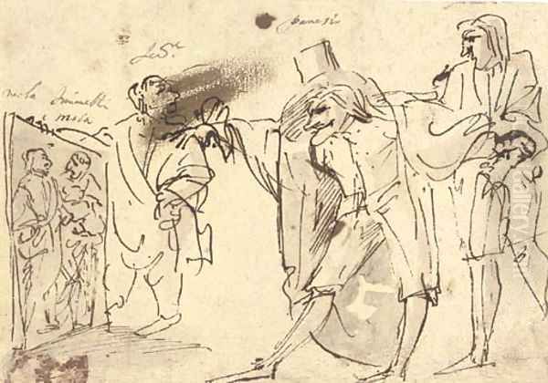 A caricature of the artist presenting a picture of himself and Simonelli to the collector Panesio and another spectator - view 1