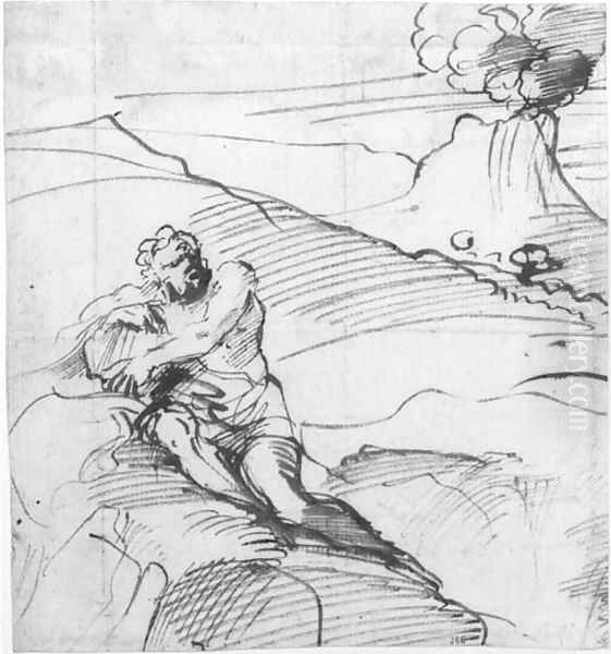 Polyphemus sitting on a mountain in an extensive landscape - view 1