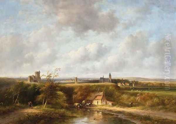 Extensive Summer Landscape with Peasants by a Farm - view 1
