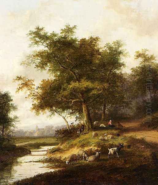 A Shepherdess And Her Flock At Rest - view 1