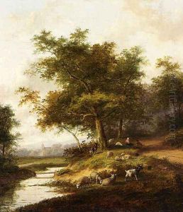 A Shepherdess And Her Flock At Rest by Jan Evert Morel