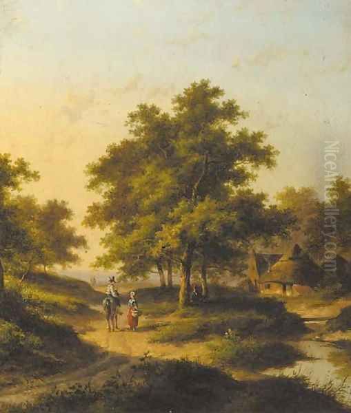 Travellers conversing in a wooded landscape - view 1