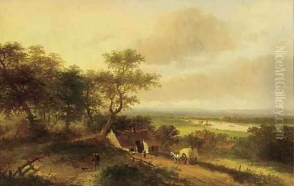 A haycart by a farm in a panoramic river landscape - view 1