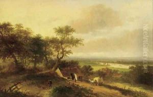 A haycart by a farm in a panoramic river landscape