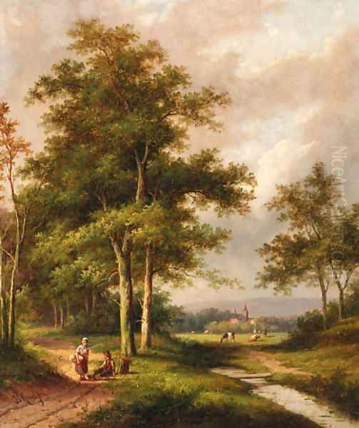 A wooded river landscape with travellers - view 1