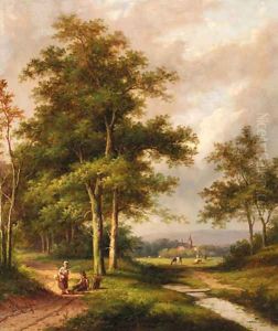 A wooded river landscape with travellers