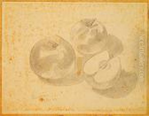 Trois Pommes Dont Une Coupee En Deux - view 1