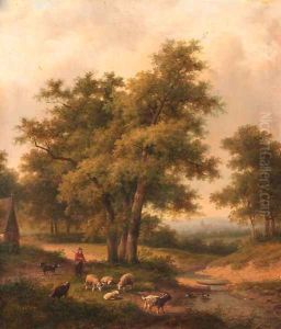 A shepherd and his flock in a wooded landscape